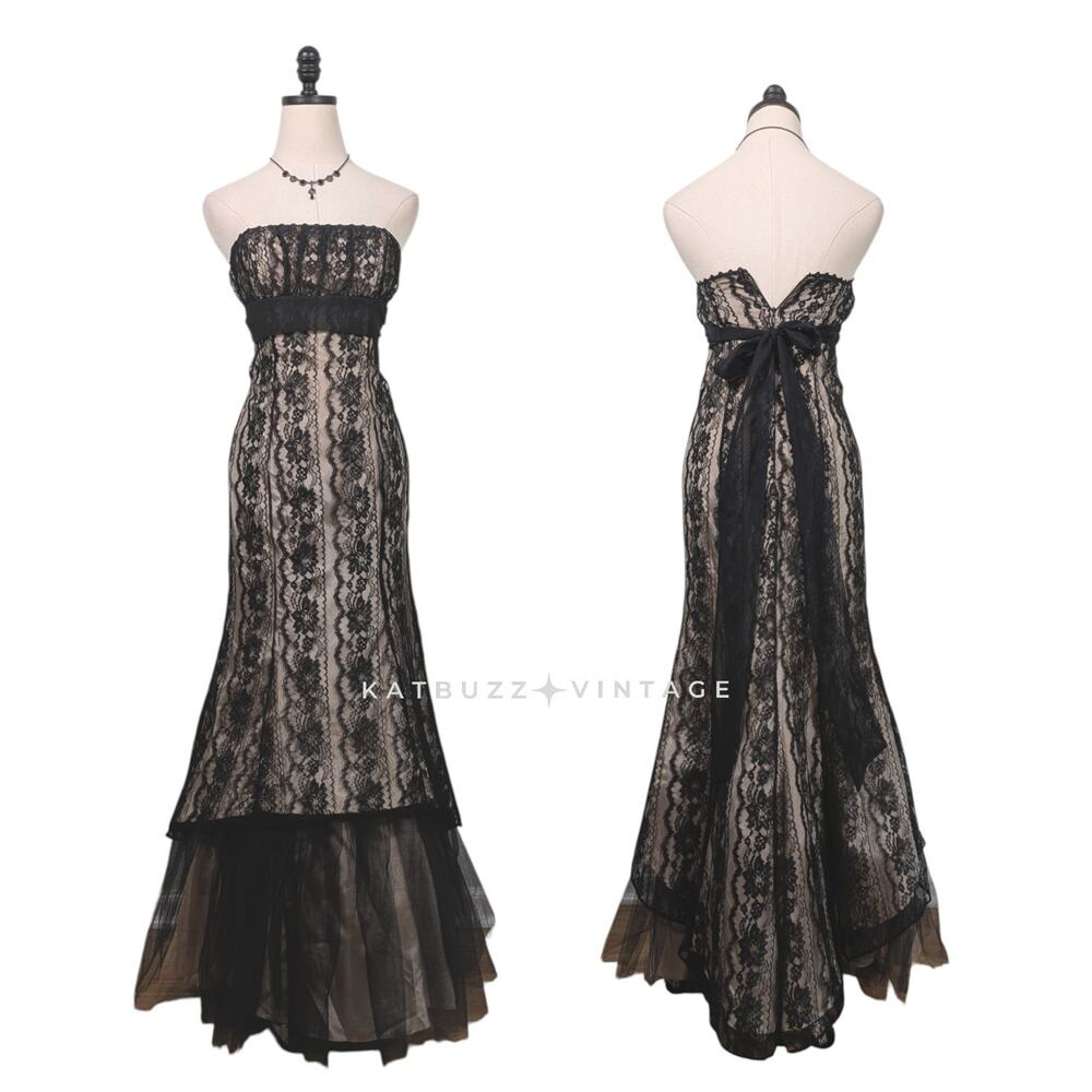 Vintage Niki Livas Prom Dress Maxi Gown 2 Black Lace Empire 90S Y2K Goth Mermaid